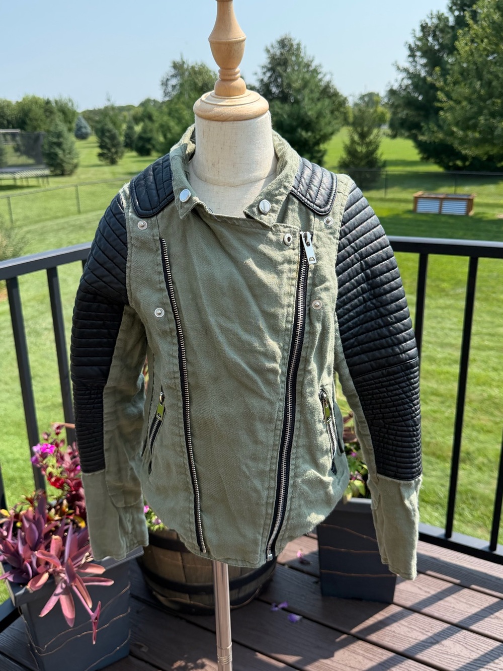 Blank NYC Olive Green Moto Jacket Black Faux Leather Sleeves Size Medium